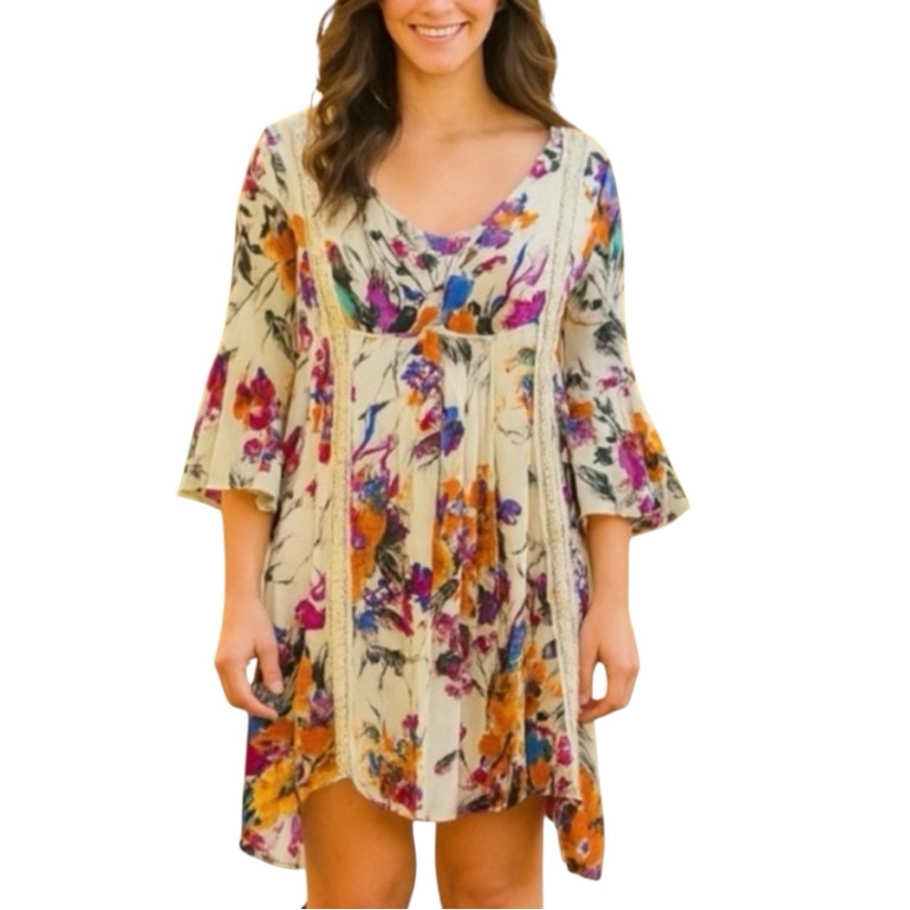 Floral Minimalist Flowy Midi Boho Dress Long Sleeve 100% Rayon Size L